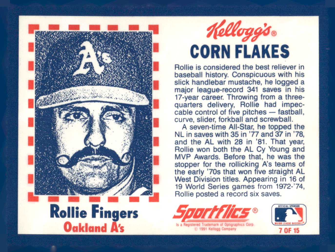 1991 Kellogg's Corn Flakes Baseball Greats #7 Rollie Fingers