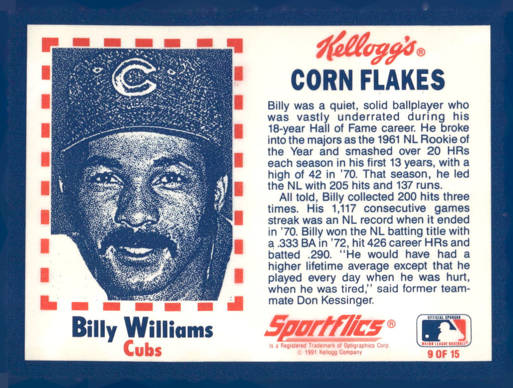 1991 Kellogg's Corn Flakes Baseball Greats #9 Billy Williams