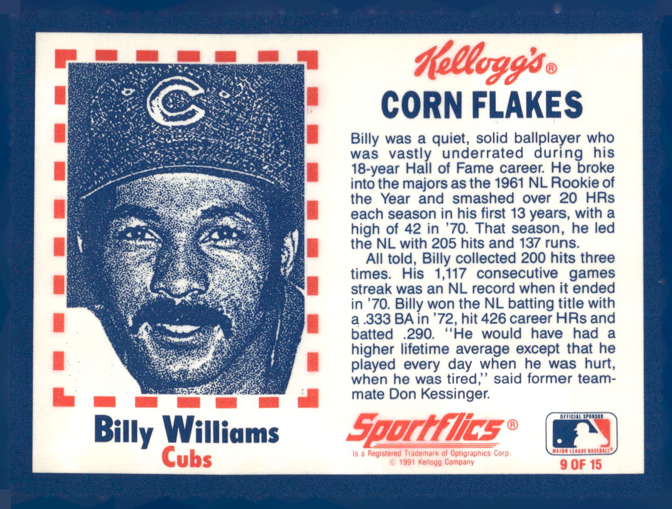 1991 Kellogg's Corn Flakes Baseball Greats #9 Billy Williams