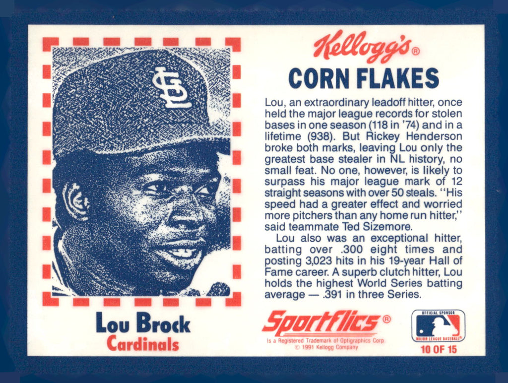 1991 Kellogg's Corn Flakes Baseball Greats #10 Lou Brock