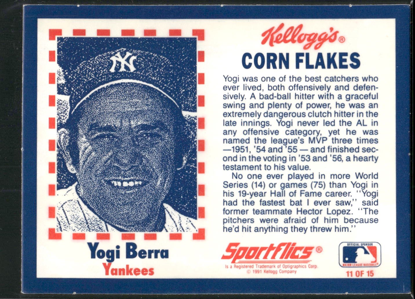 1991 Kellogg's Corn Flakes Baseball Greats #11 Yogi Berra