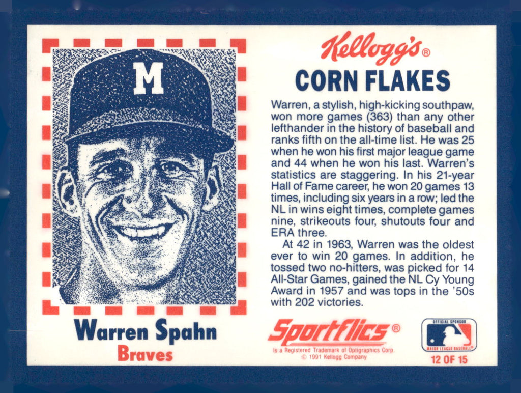 1991 Kellogg's Corn Flakes Baseball Greats #12 Warren Spahn