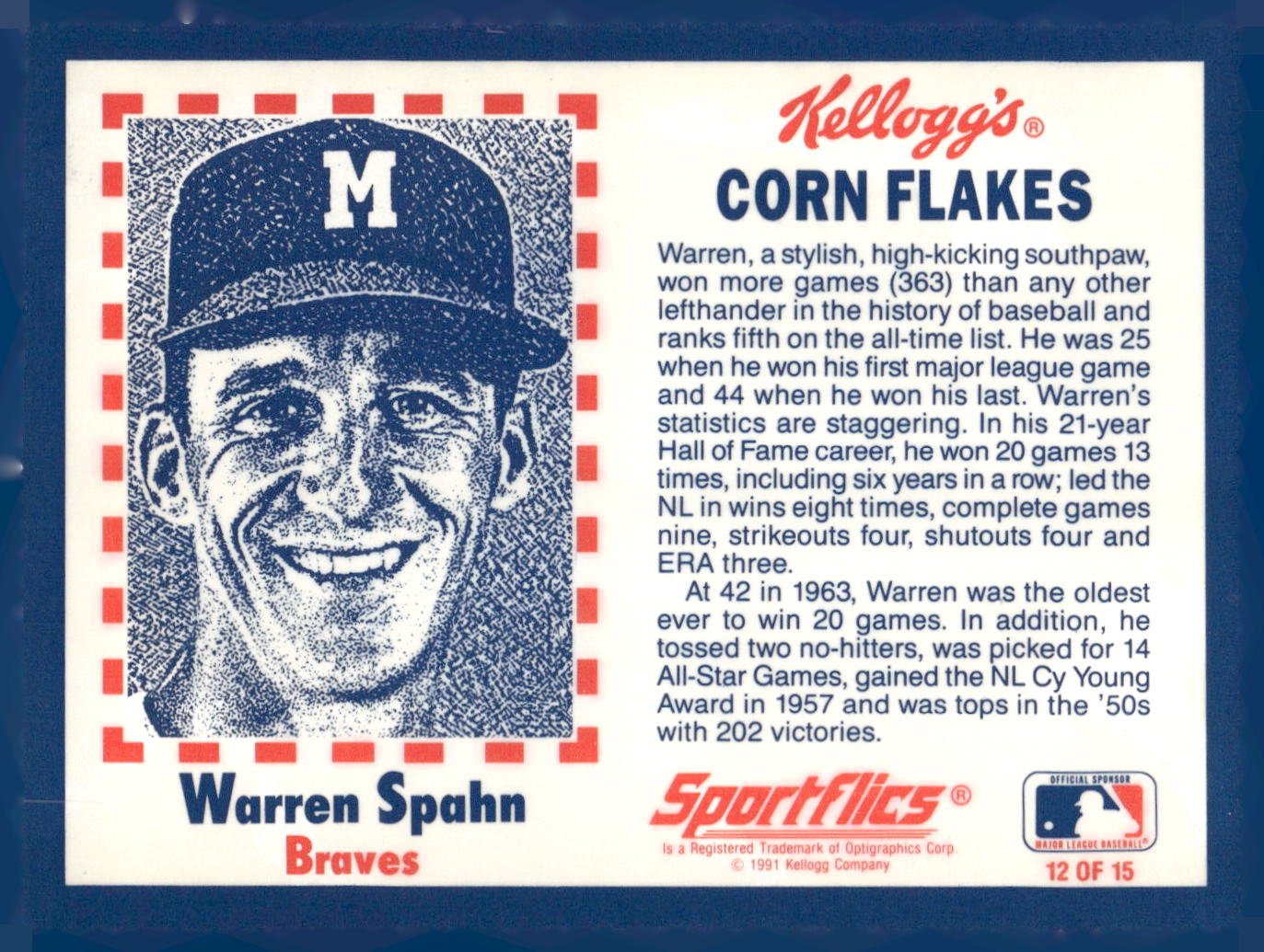 1991 Kellogg's Corn Flakes Baseball Greats #12 Warren Spahn