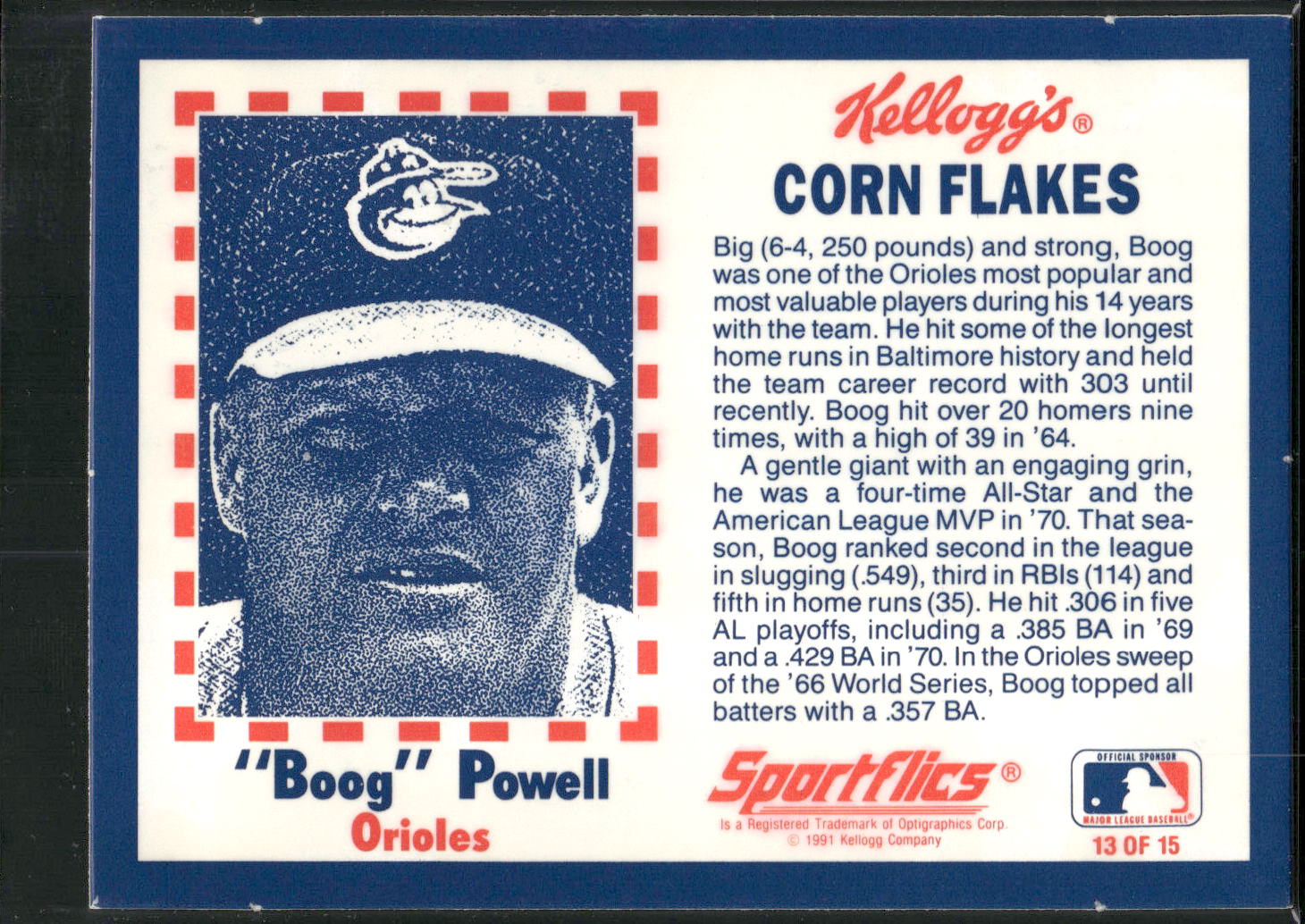 1991 Kellogg's Corn Flakes Baseball Greats #13 Boog Powell