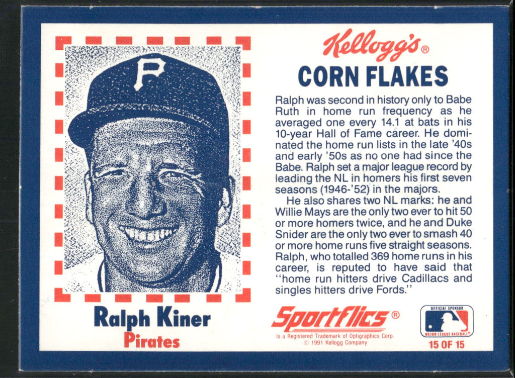 1991 Kellogg's Corn Flakes Baseball Greats #15 Ralph Kiner