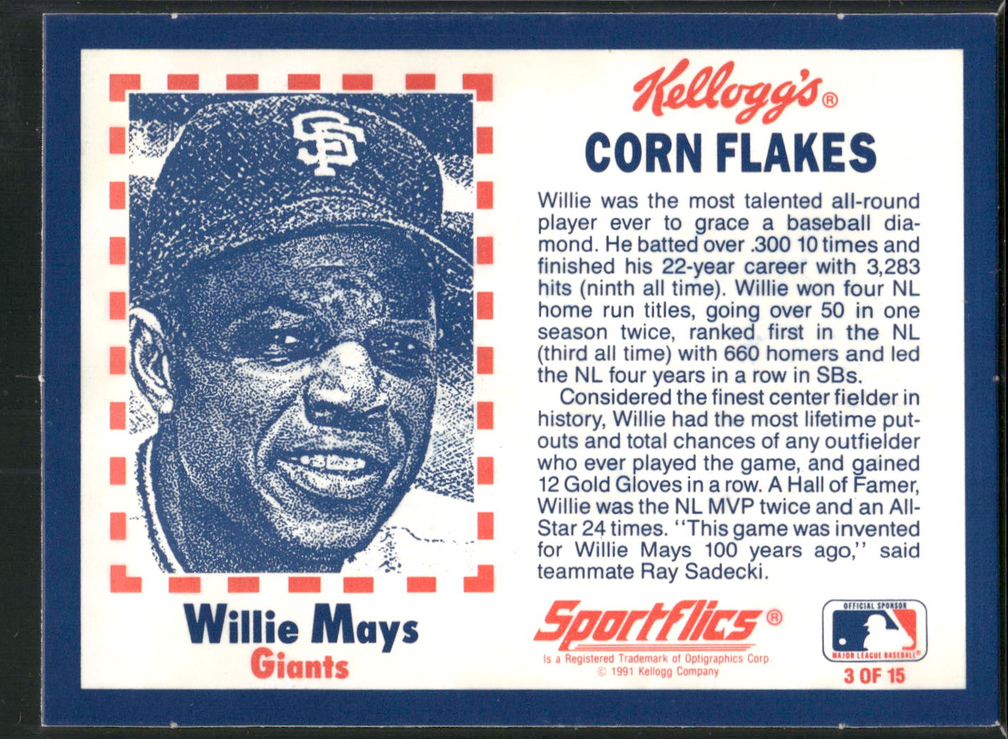 1991 Kellogg's Corn Flakes Baseball Greats #3 Willie Mays