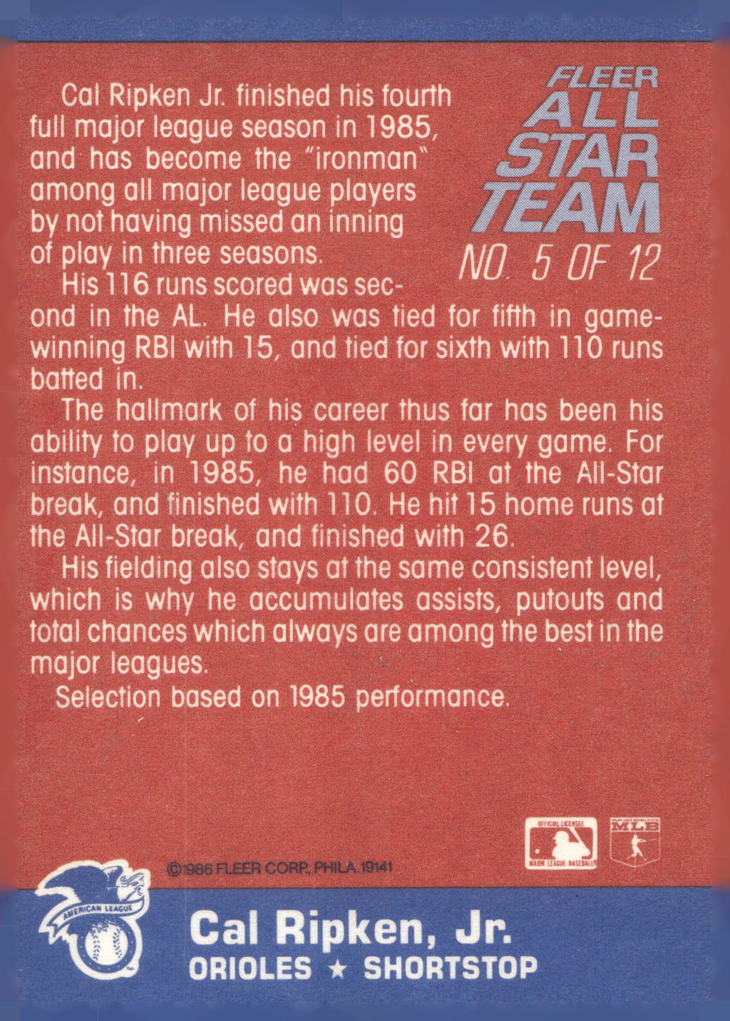 1986 Fleer #5 Cal Ripken, Jr. Fleer All-Star Team