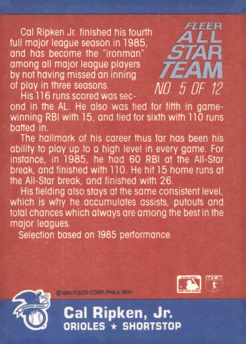 1986 Fleer #5 Cal Ripken, Jr. Fleer All-Star Team
