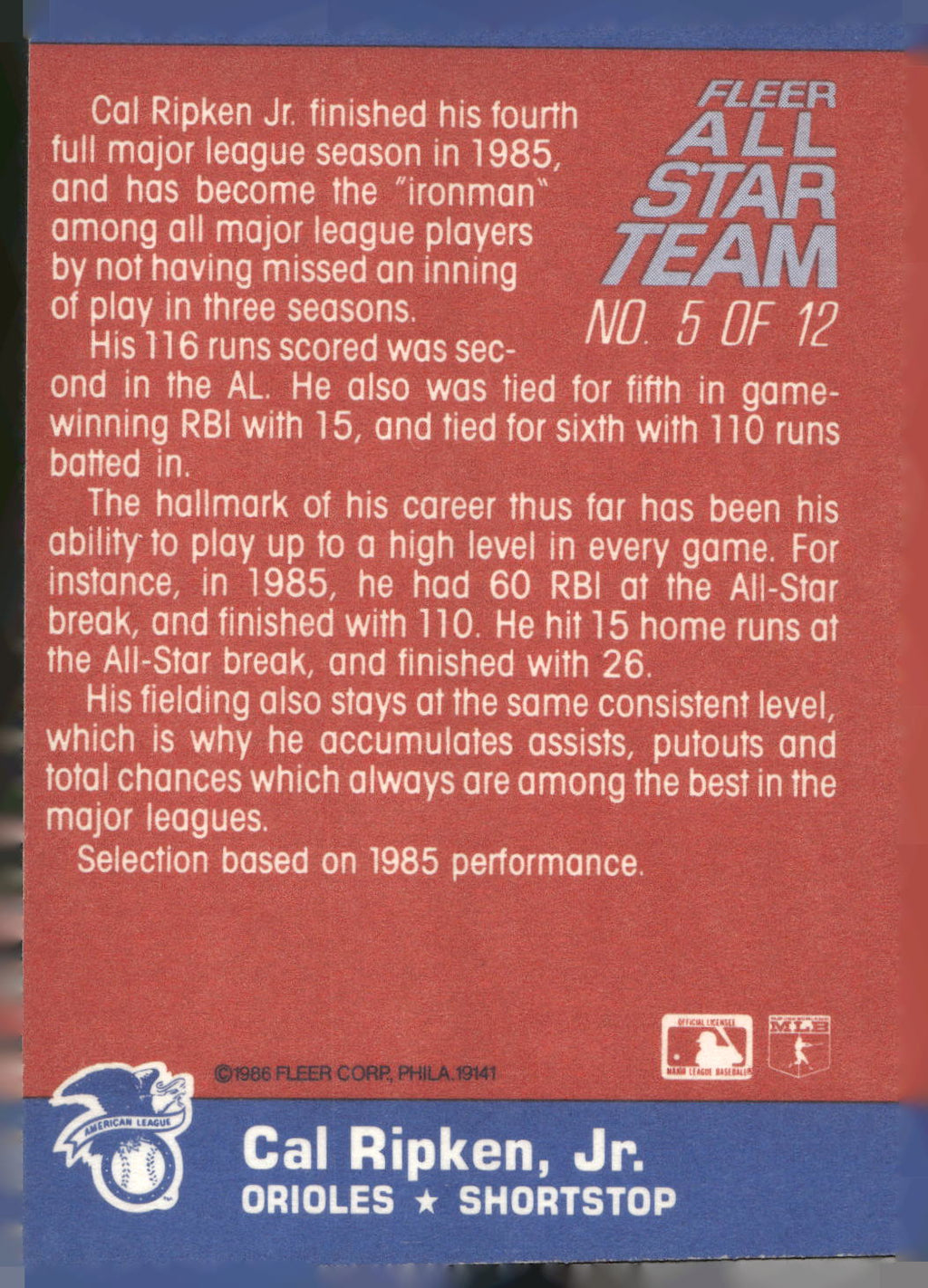 1986 Fleer #5 Cal Ripken, Jr. Fleer All-Star Team