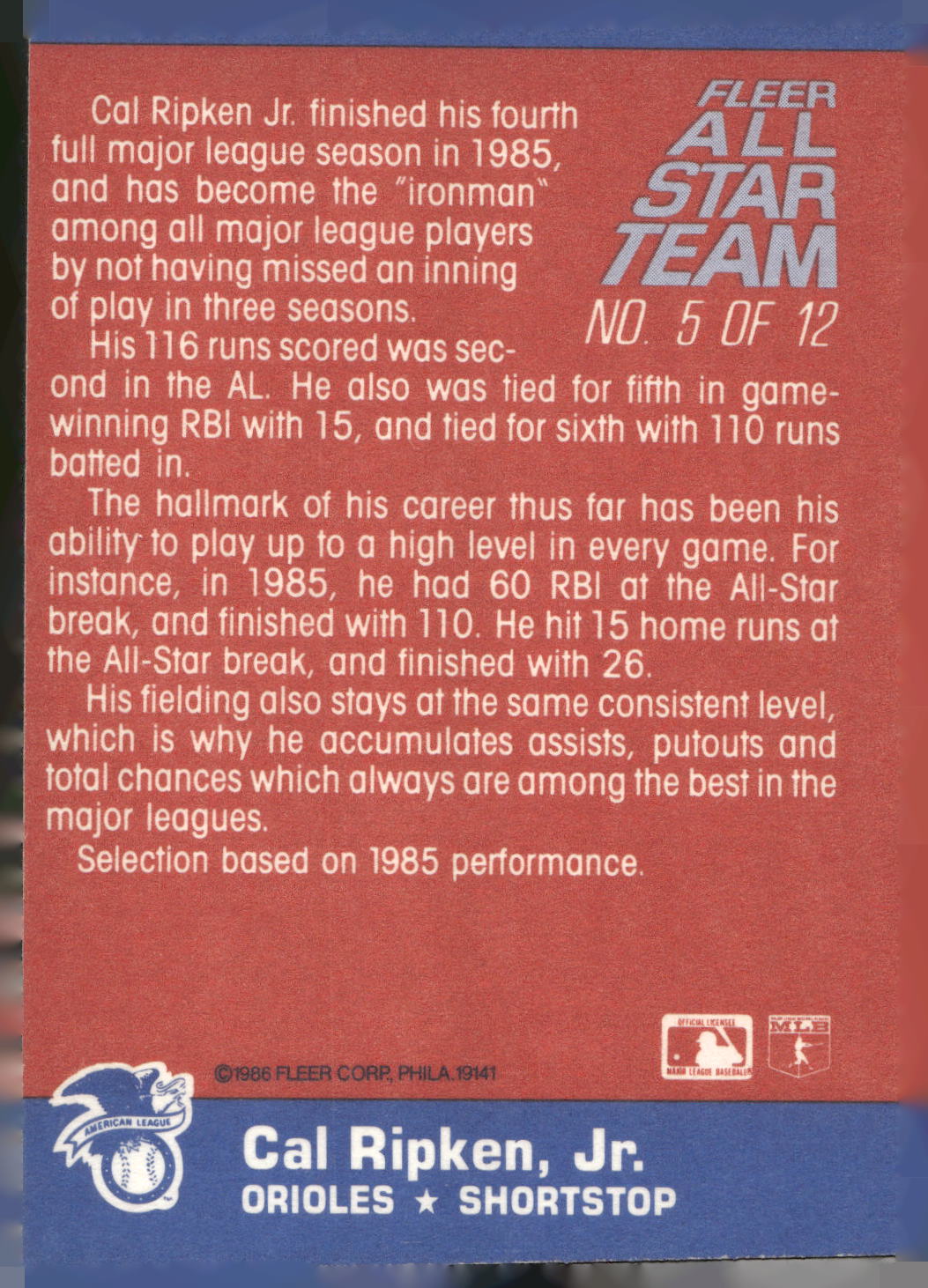 1986 Fleer #5 Cal Ripken, Jr. Fleer All-Star Team