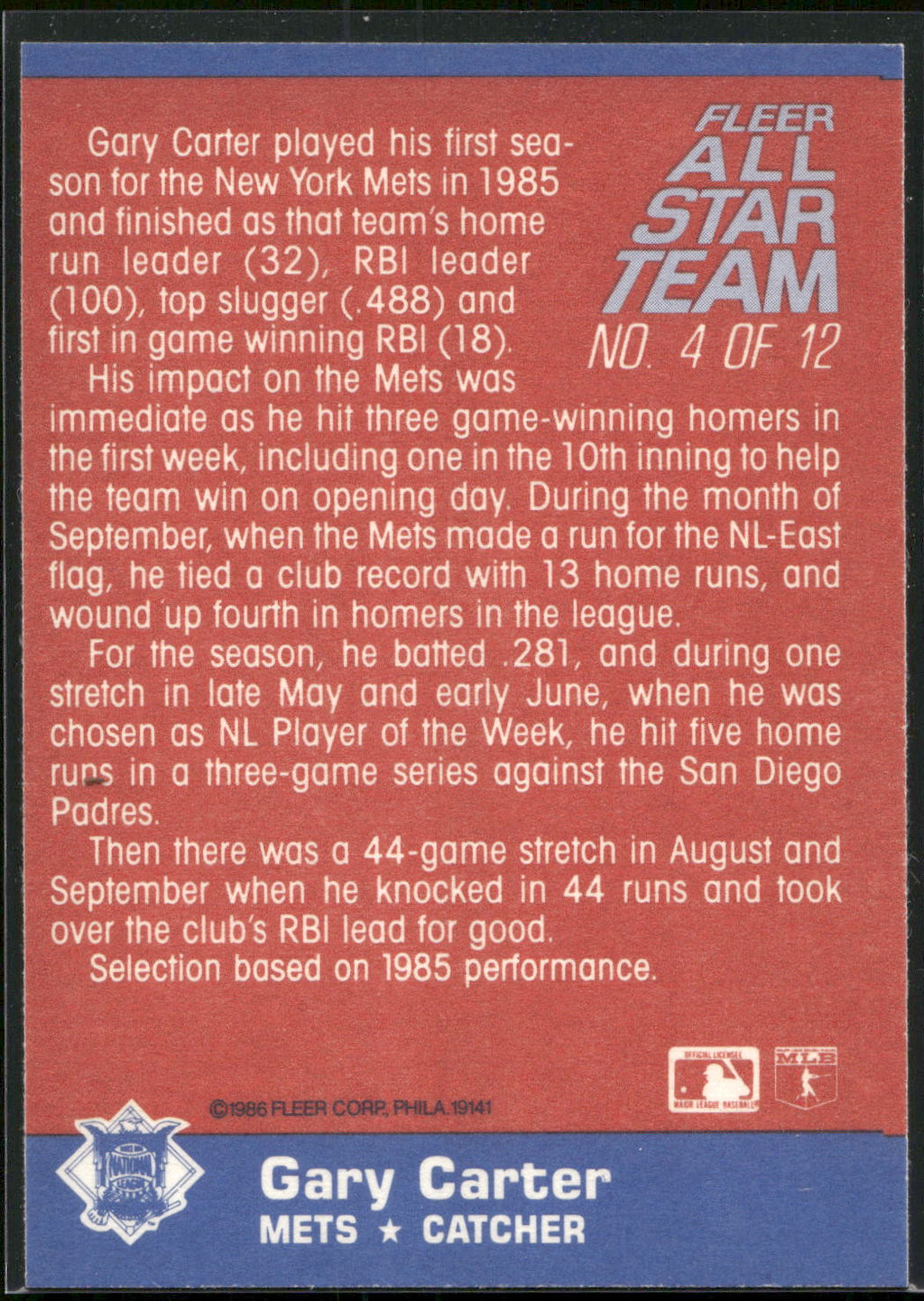 1986 Fleer #4 Gary Carter Fleer All-Star Team