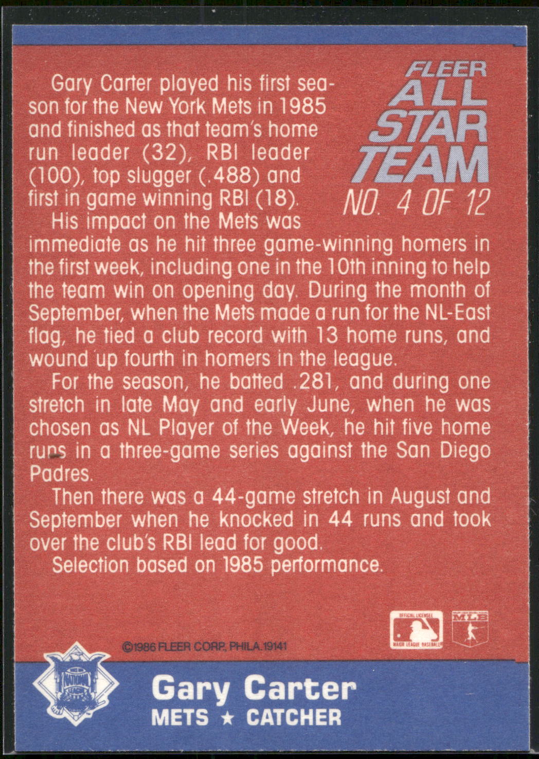 1986 Fleer #4 Gary Carter Fleer All-Star Team