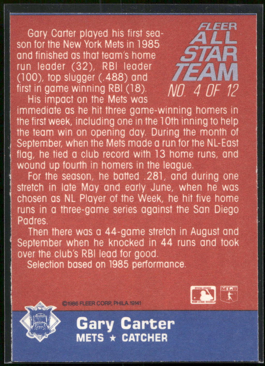1986 Fleer #4 Gary Carter Fleer All-Star Team