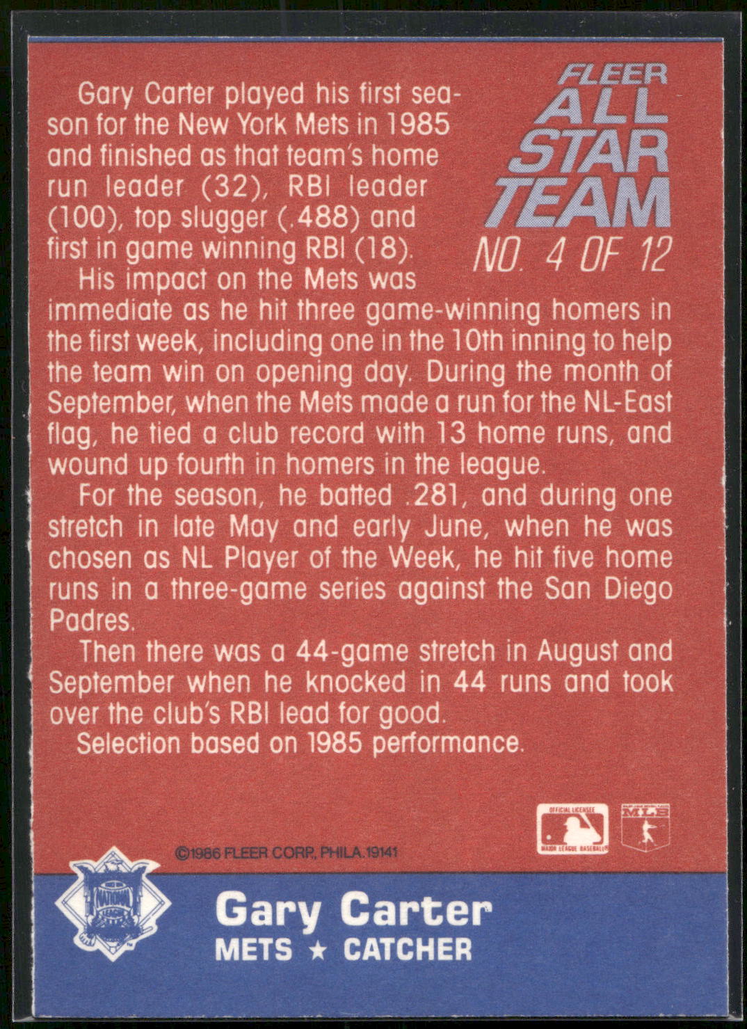 1986 Fleer #4 Gary Carter Fleer All-Star Team