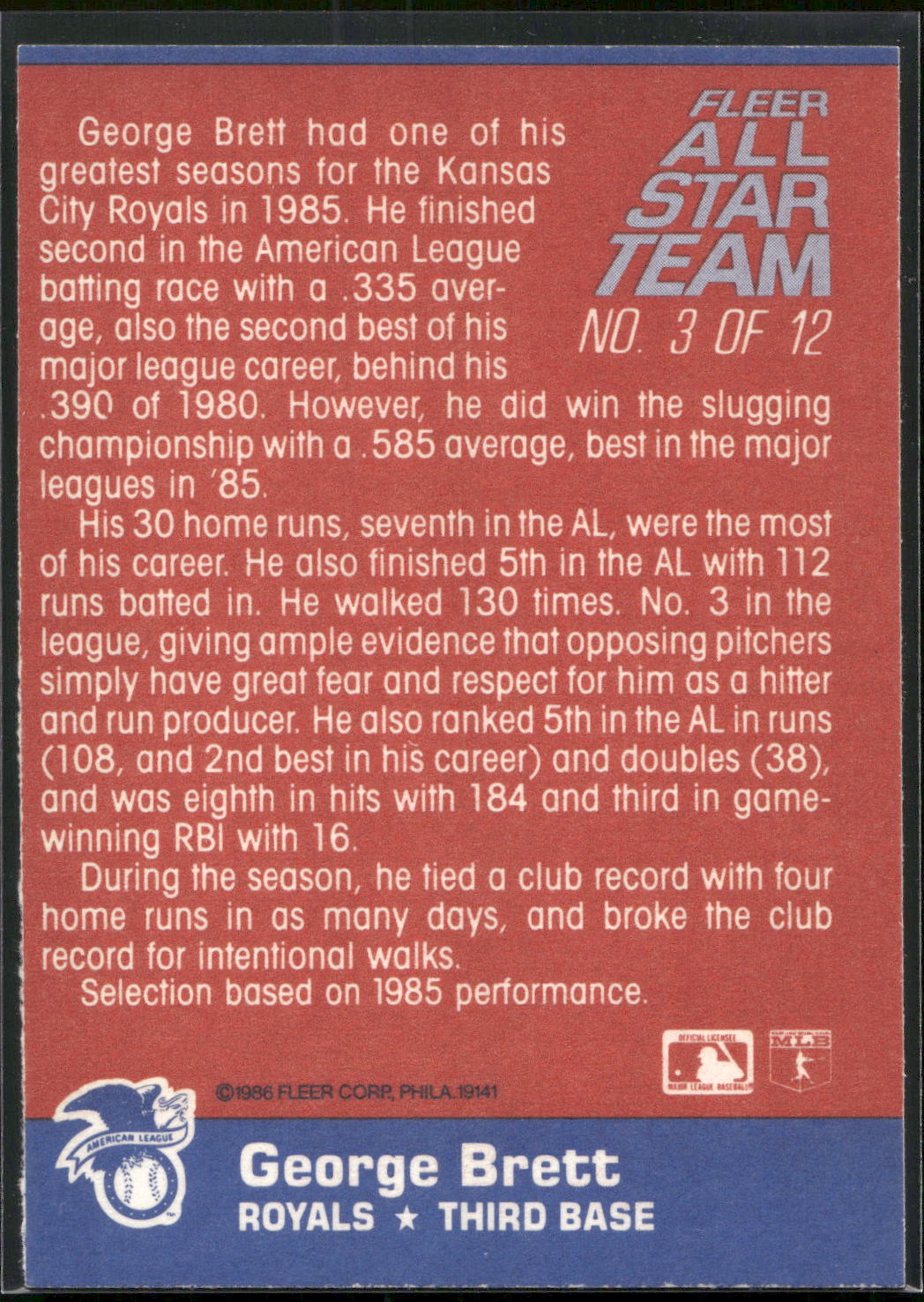 1986 Fleer #3 George Brett Fleer All-Star Team