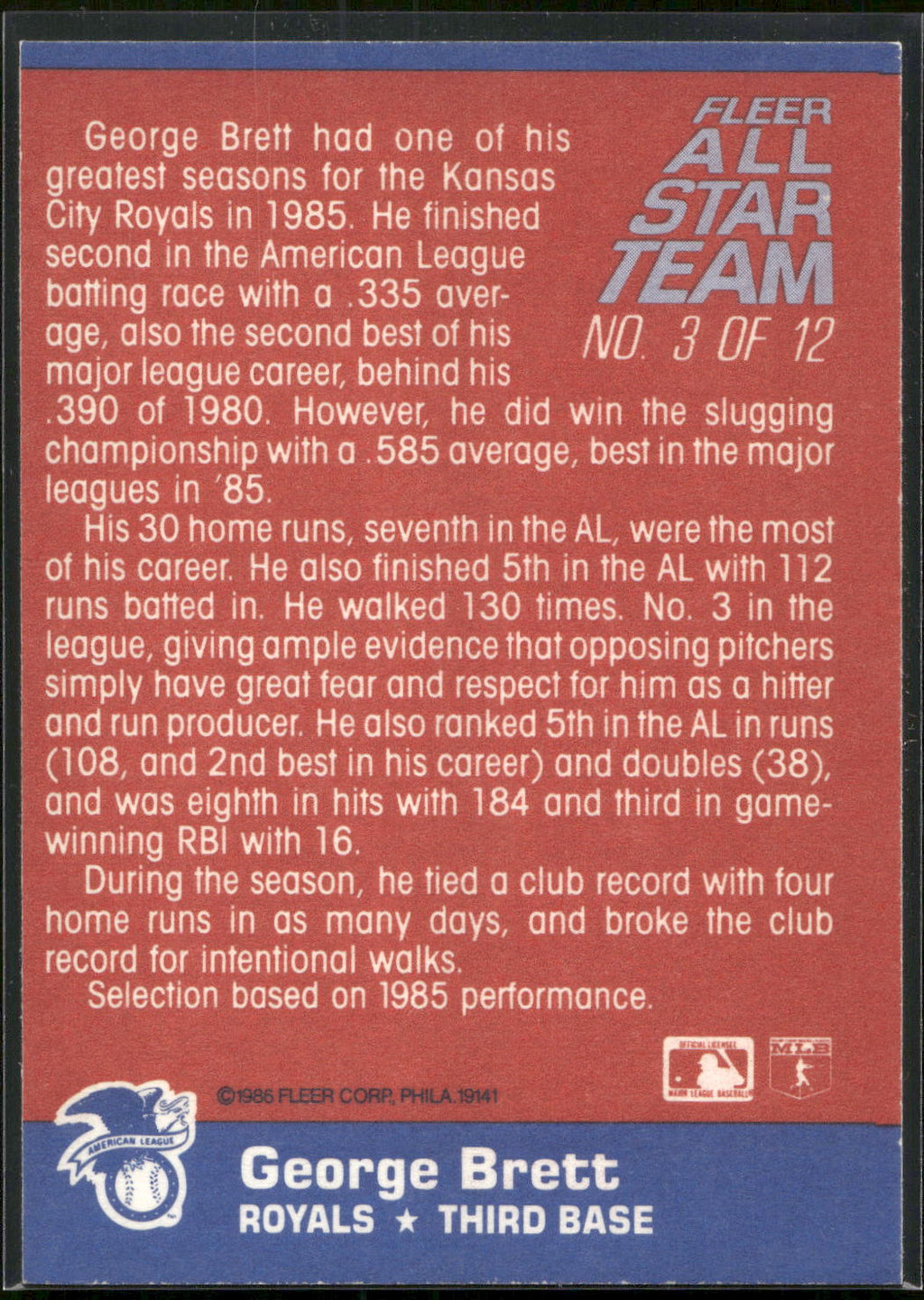 1986 Fleer #3 George Brett Fleer All-Star Team