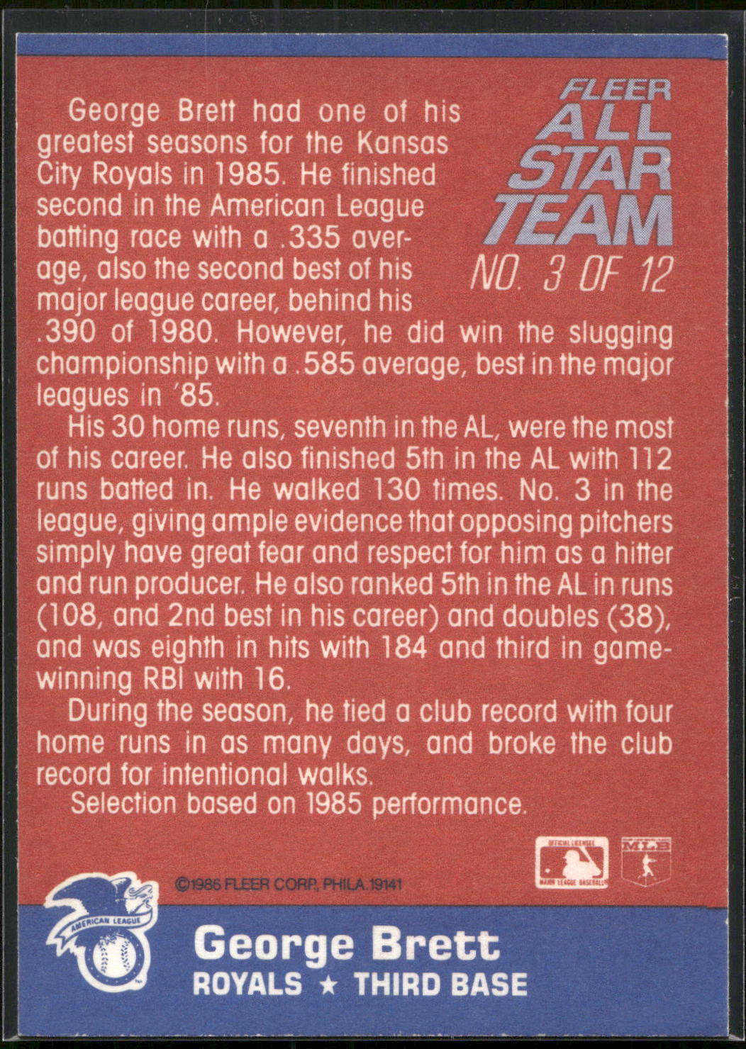 1986 Fleer #3 George Brett Fleer All-Star Team