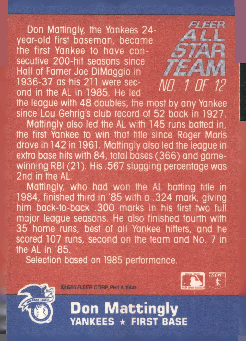 1986 Fleer #1 Don Mattingly Fleer All-Star Team