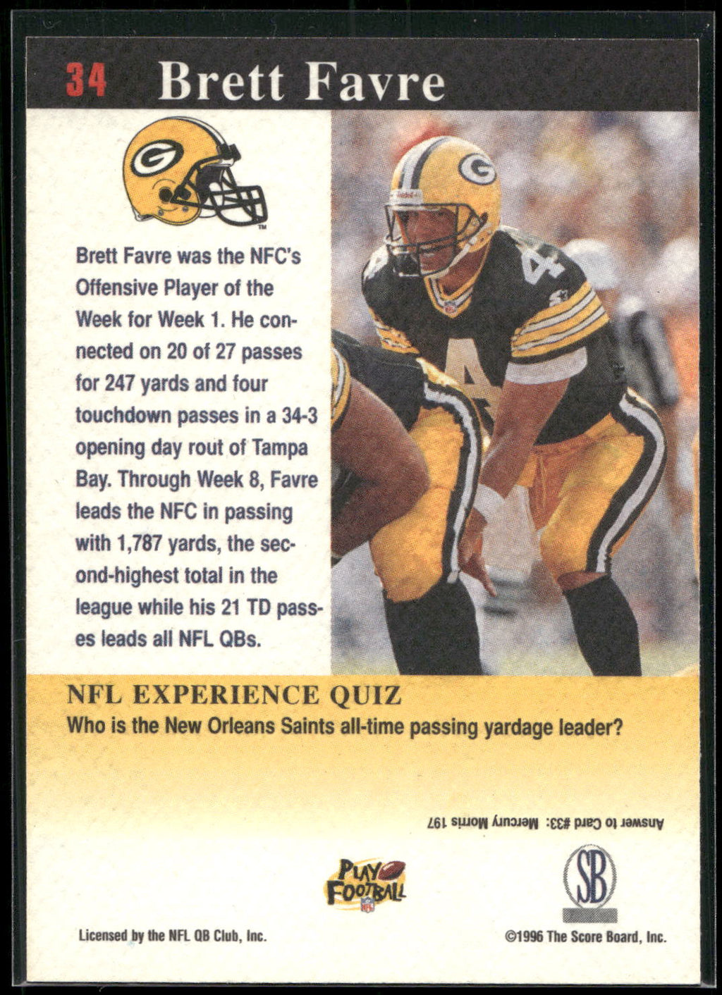 1997 Score Board NFL Experience #34 Brett Favre