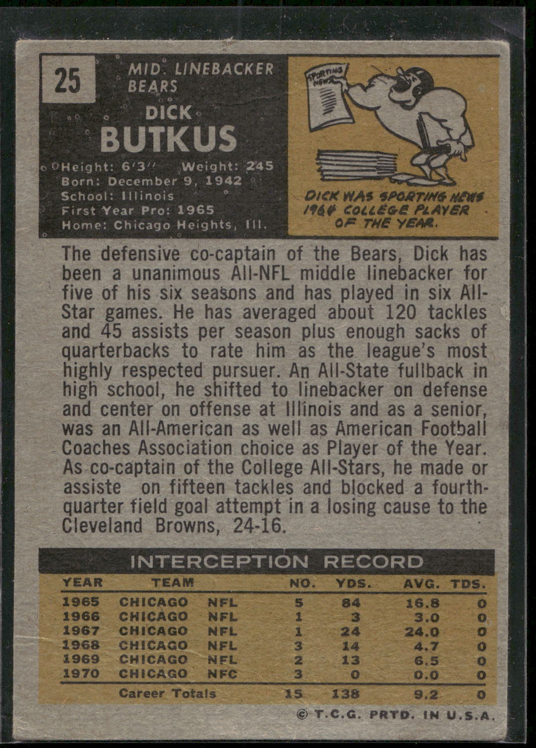 1971 Topps #25 Dick Butkus