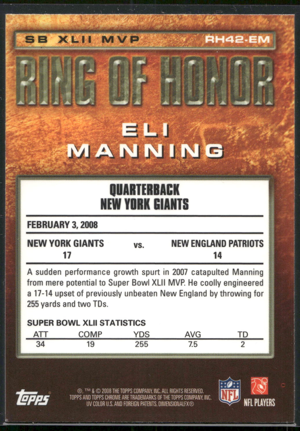2008 Topps Chrome #RH42-EM Eli Manning Ring of Honor: Eli Manning