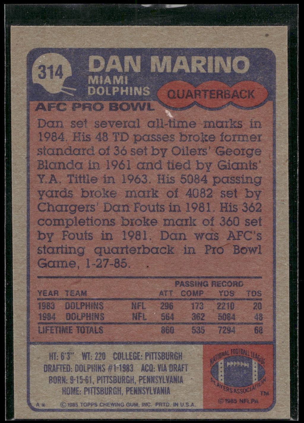 1985 Topps #314 Dan Marino