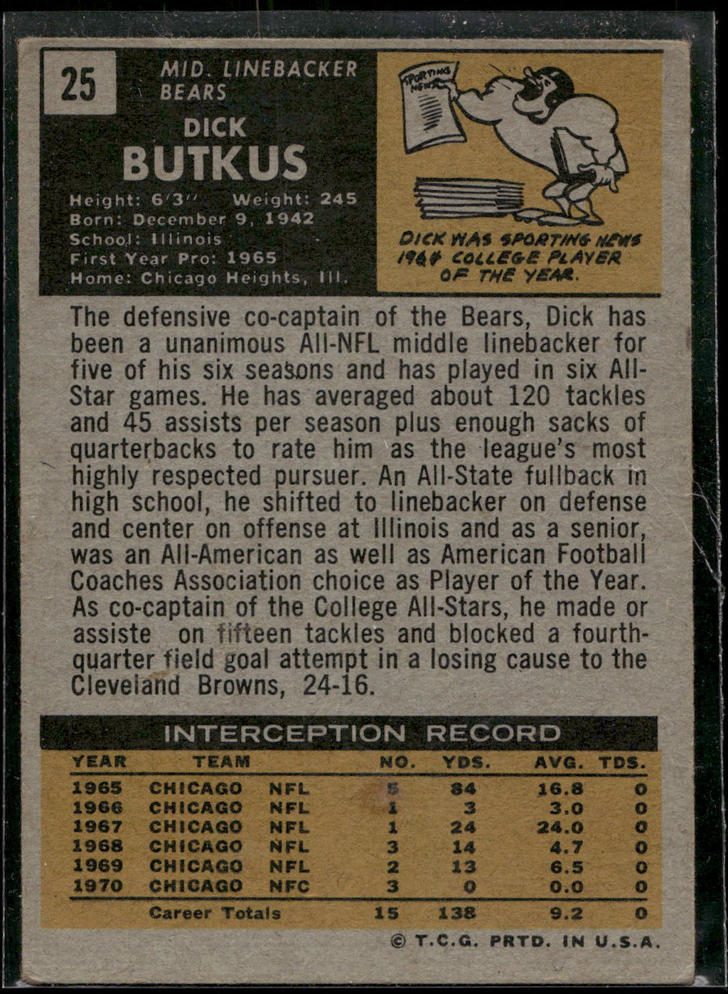 1971 Topps #25 Dick Butkus