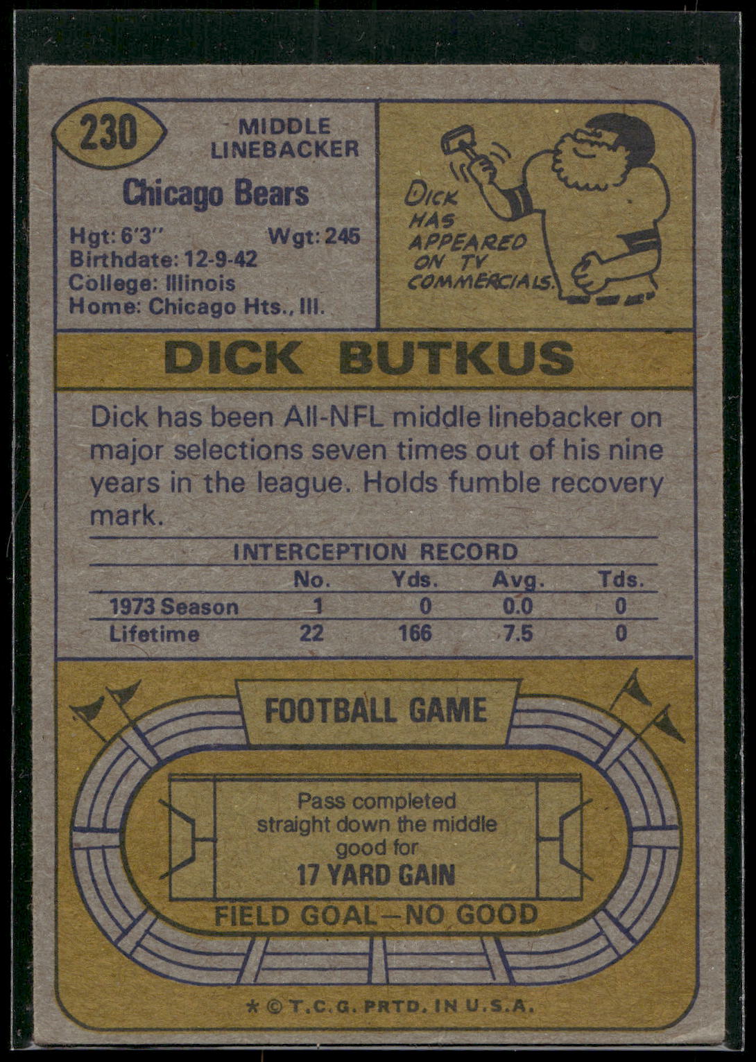 1974 Topps #230 Dick Butkus