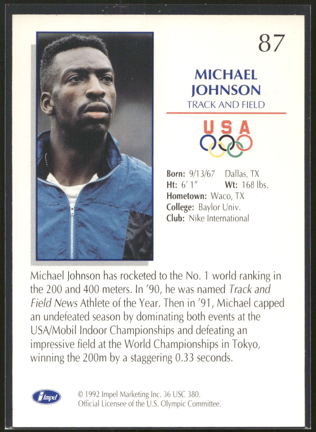 1992 Impel Olympicards: 1992 U.S. Olympic Hopefuls #87 Michael Johnson