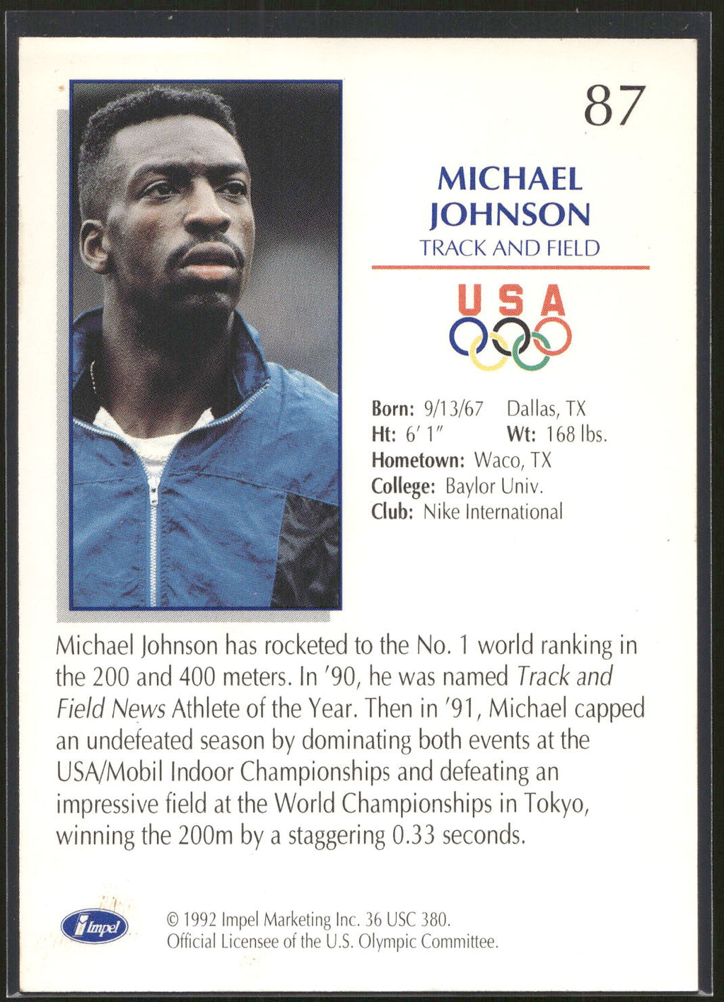 1992 Impel Olympicards: 1992 U.S. Olympic Hopefuls #87 Michael Johnson