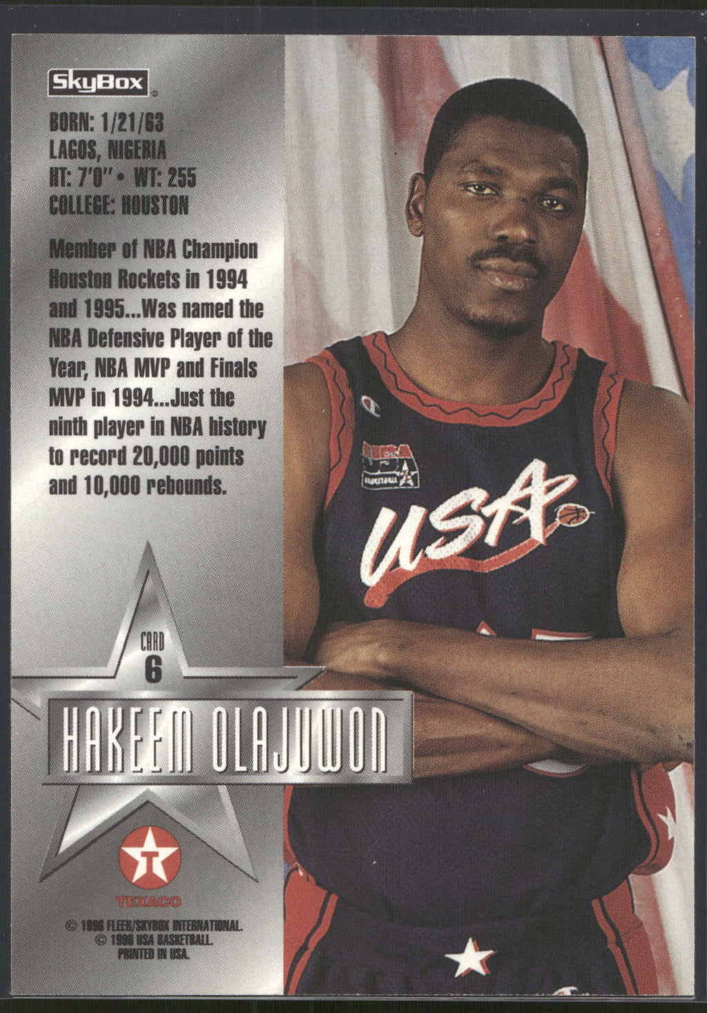 1996 SkyBox Texaco USA #6 Hakeem Olajuwon