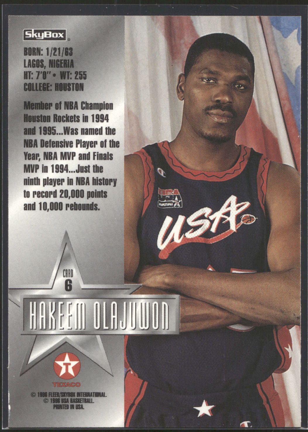 1996 SkyBox Texaco USA #6 Hakeem Olajuwon