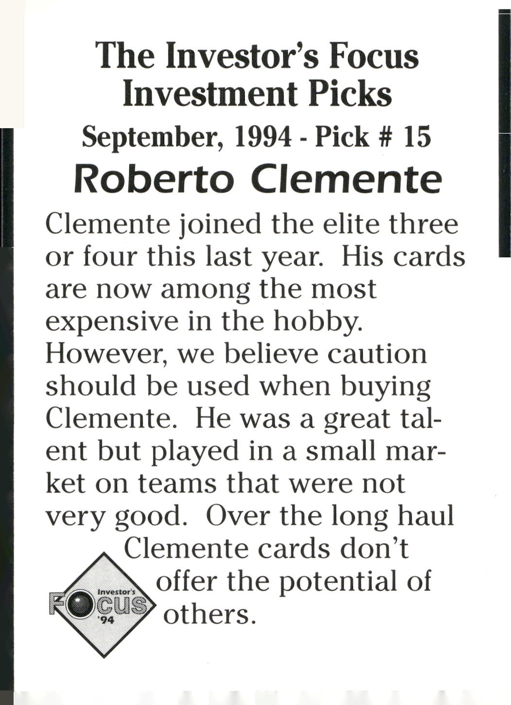 1994 Investor's Focus Investment Picks (unlicensed) #15 Roberto Clemente