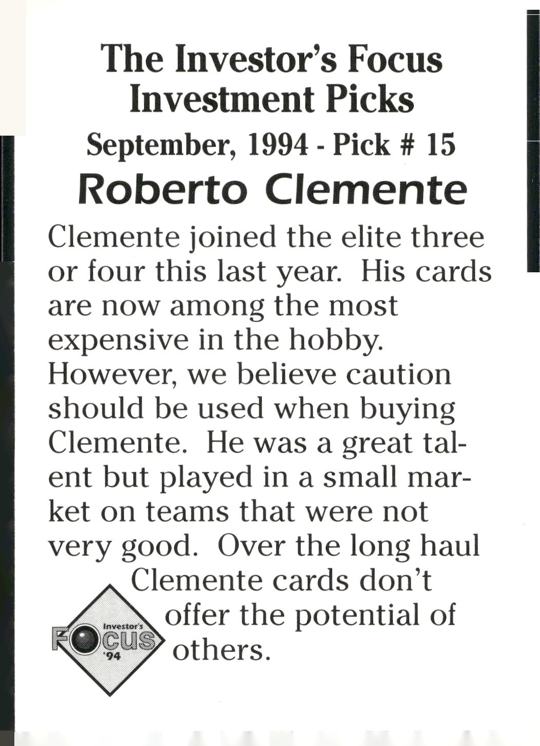 1994 Investor's Focus Investment Picks (unlicensed) #15 Roberto Clemente