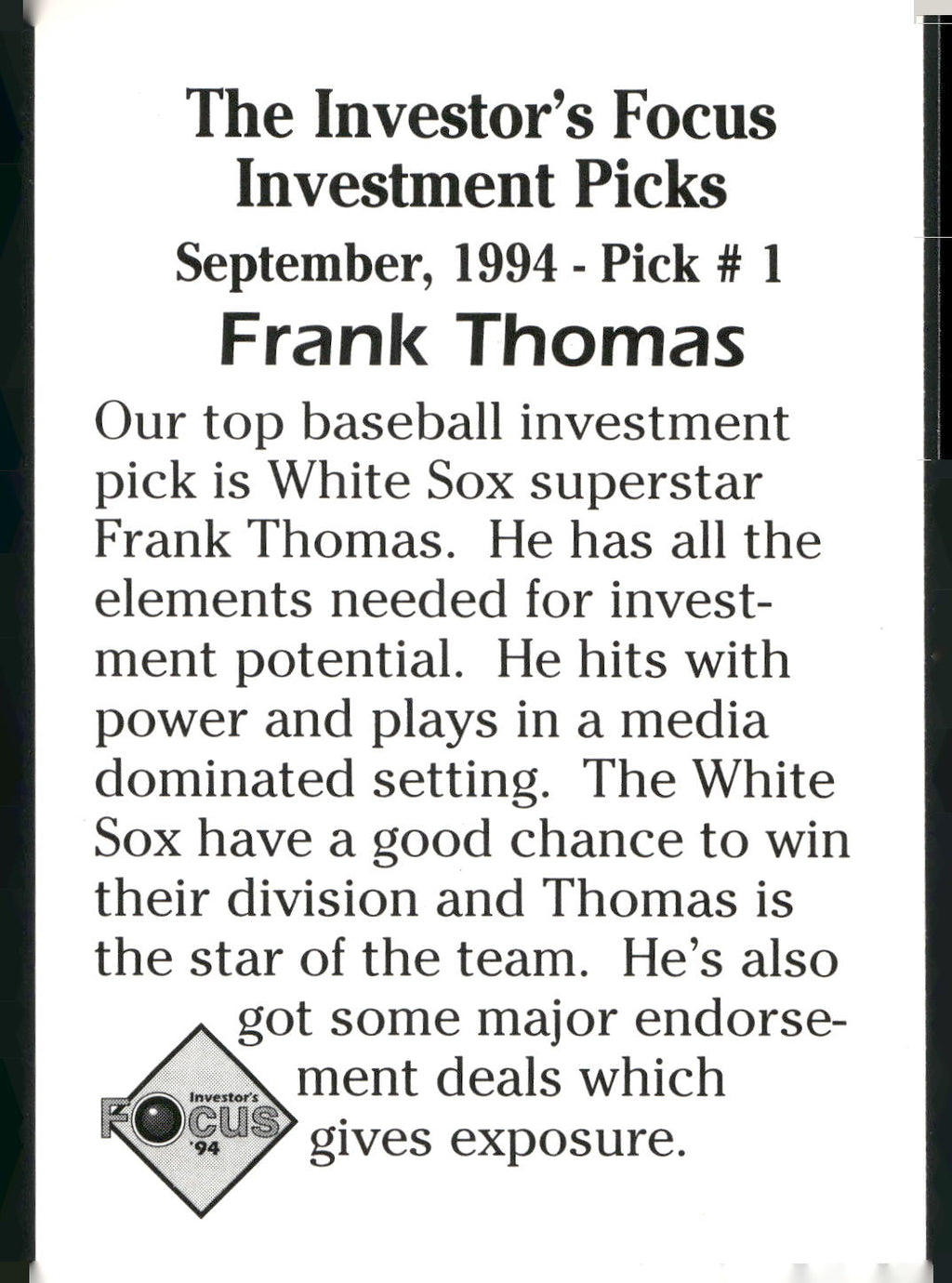 1994 Investor's Focus Investment Picks (unlicensed) #1 Frank Thomas