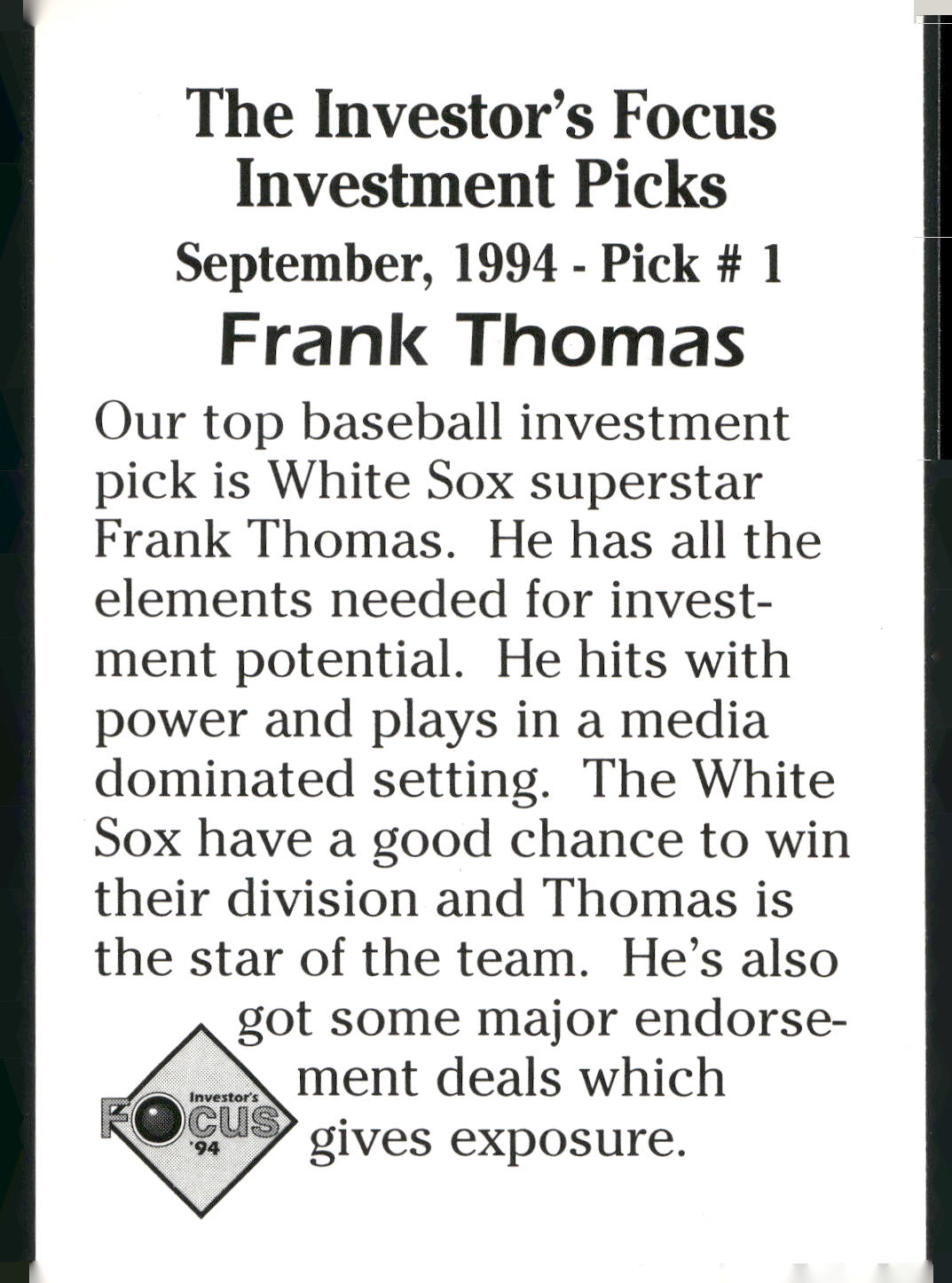 1994 Investor's Focus Investment Picks (unlicensed) #1 Frank Thomas