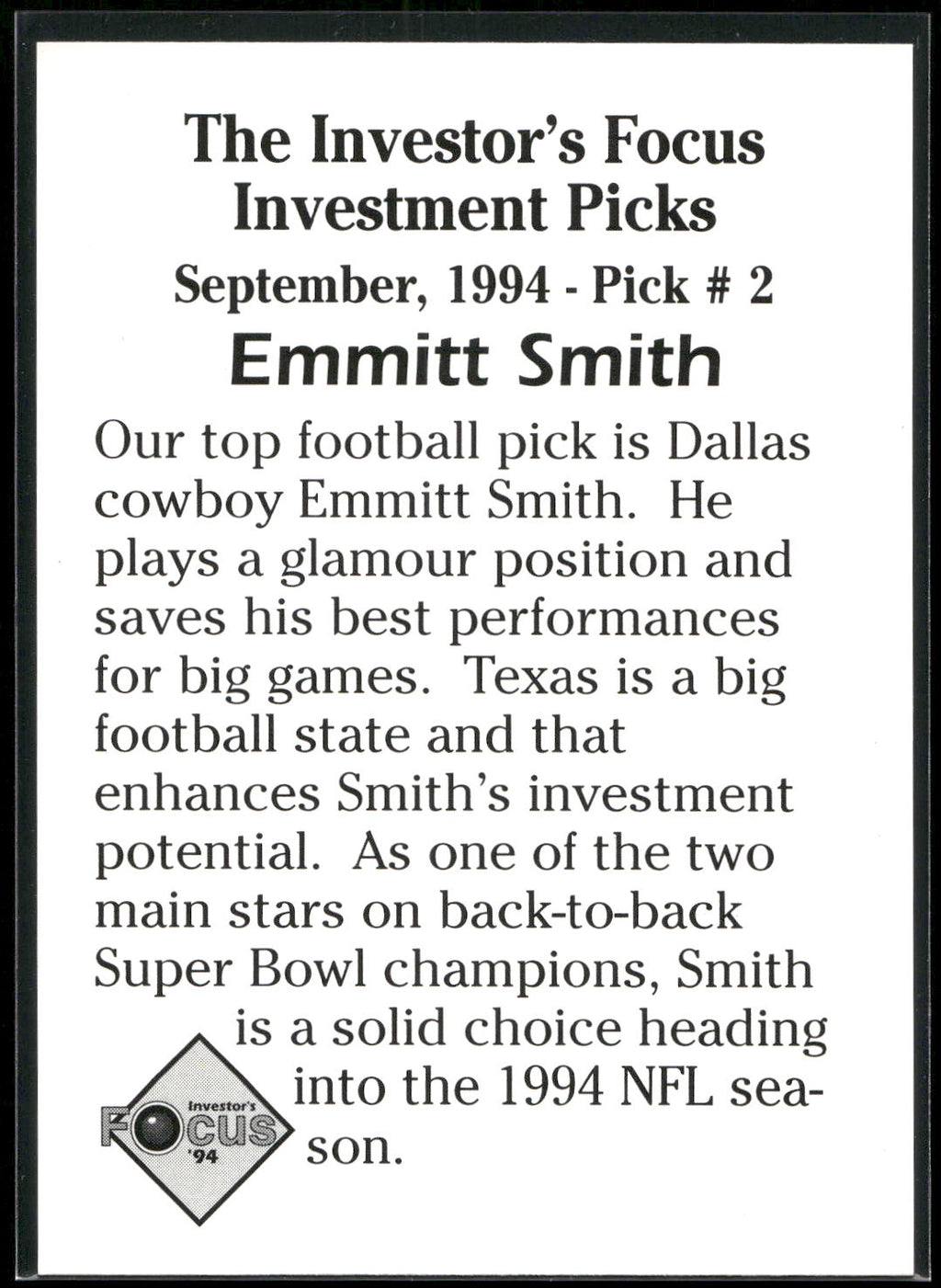 1994 Investor's Focus Investment Picks (unlicensed) #2 Emmitt Smith