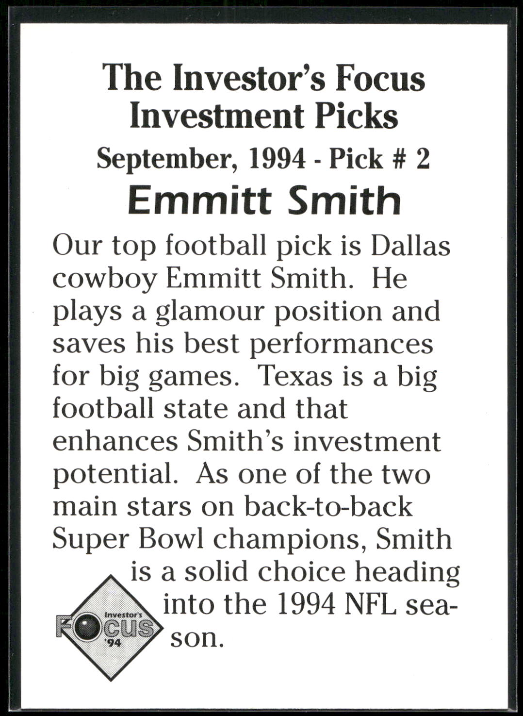 1994 Investor's Focus Investment Picks (unlicensed) #2 Emmitt Smith