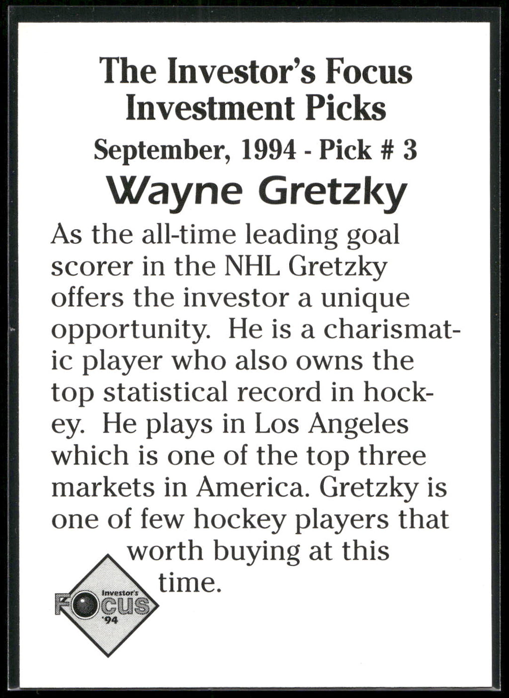 1994 Investor's Focus Investment Picks (unlicensed) #3 Wayne Gretzky