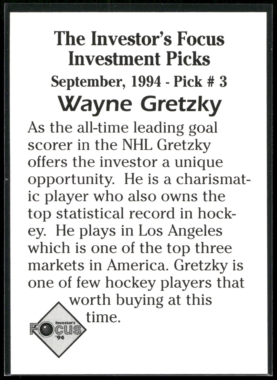 1994 Investor's Focus Investment Picks (unlicensed) #3 Wayne Gretzky