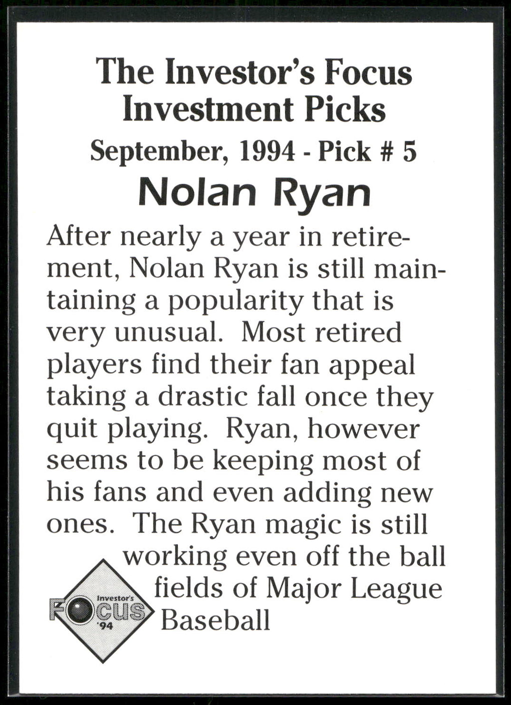 1994 Investor's Focus Investment Picks (unlicensed) #5 Nolan Ryan