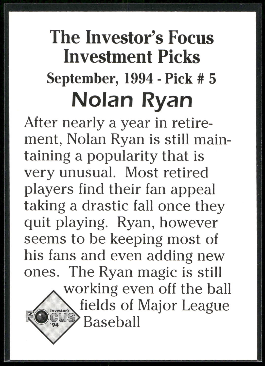 1994 Investor's Focus Investment Picks (unlicensed) #5 Nolan Ryan