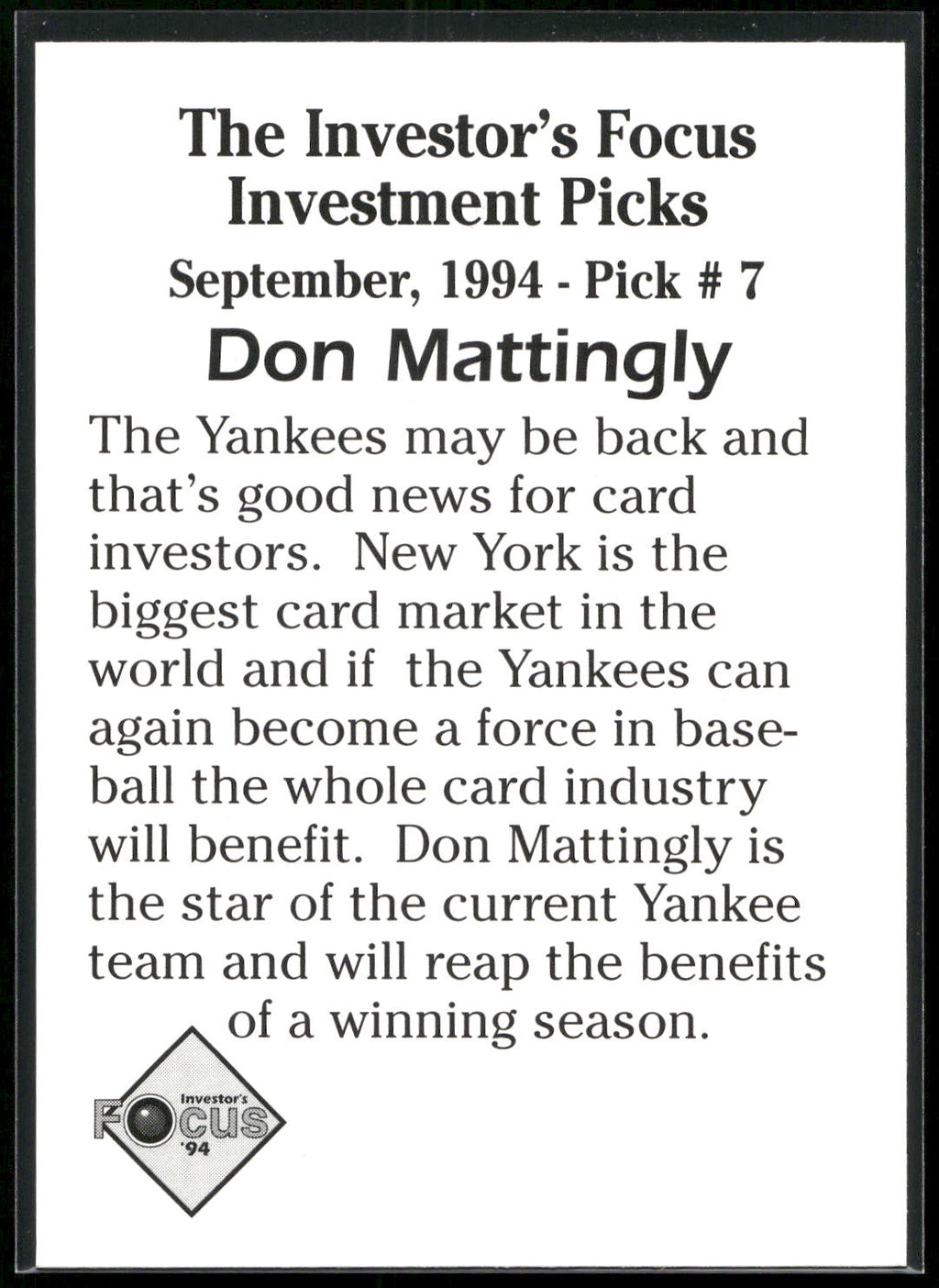 1994 Investor's Journal Gold Prism (unlicensed) #14 Don Mattingly