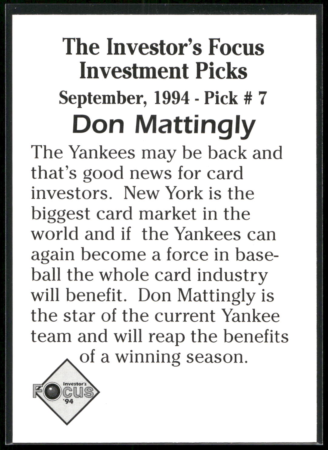 1994 Investor's Journal Gold Prism (unlicensed) #14 Don Mattingly