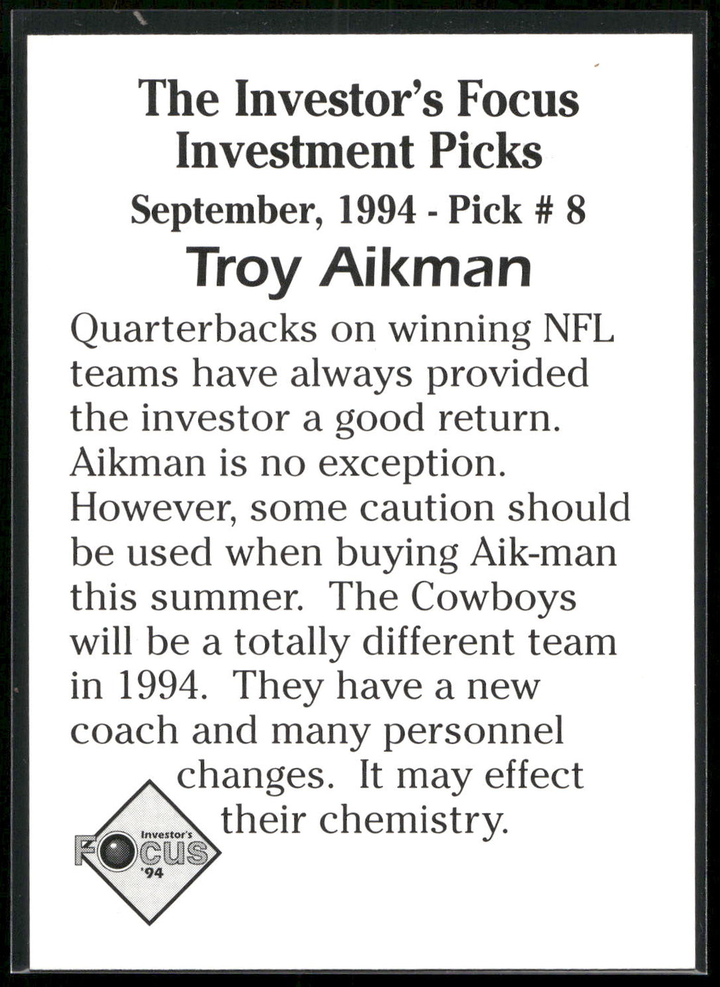 1994 Investor's Focus Investment Picks (unlicensed) #8 Troy Aikman