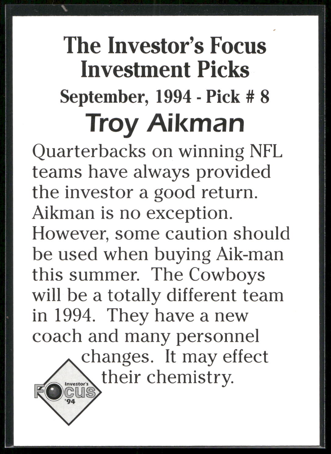 1994 Investor's Focus Investment Picks (unlicensed) #8 Troy Aikman