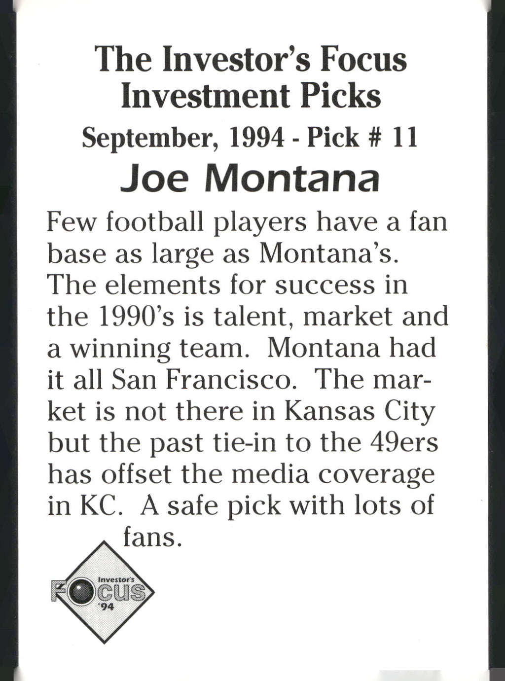 1994 Investor's Focus Investment Picks (unlicensed) #11 Joe Montana