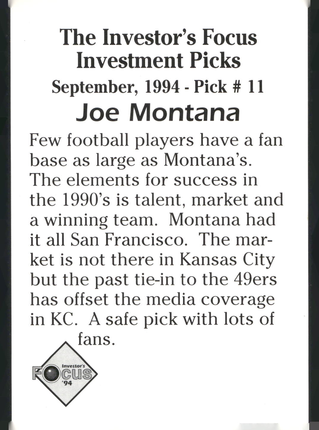 1994 Investor's Focus Investment Picks (unlicensed) #11 Joe Montana
