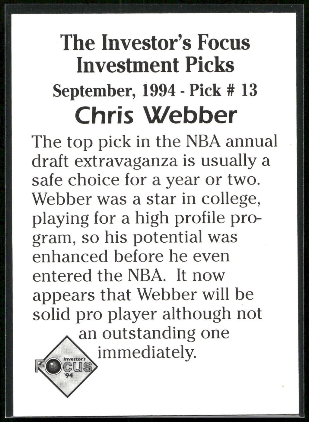 1994 Investor's Focus Investment Picks (unlicensed) #13 Chris Webber