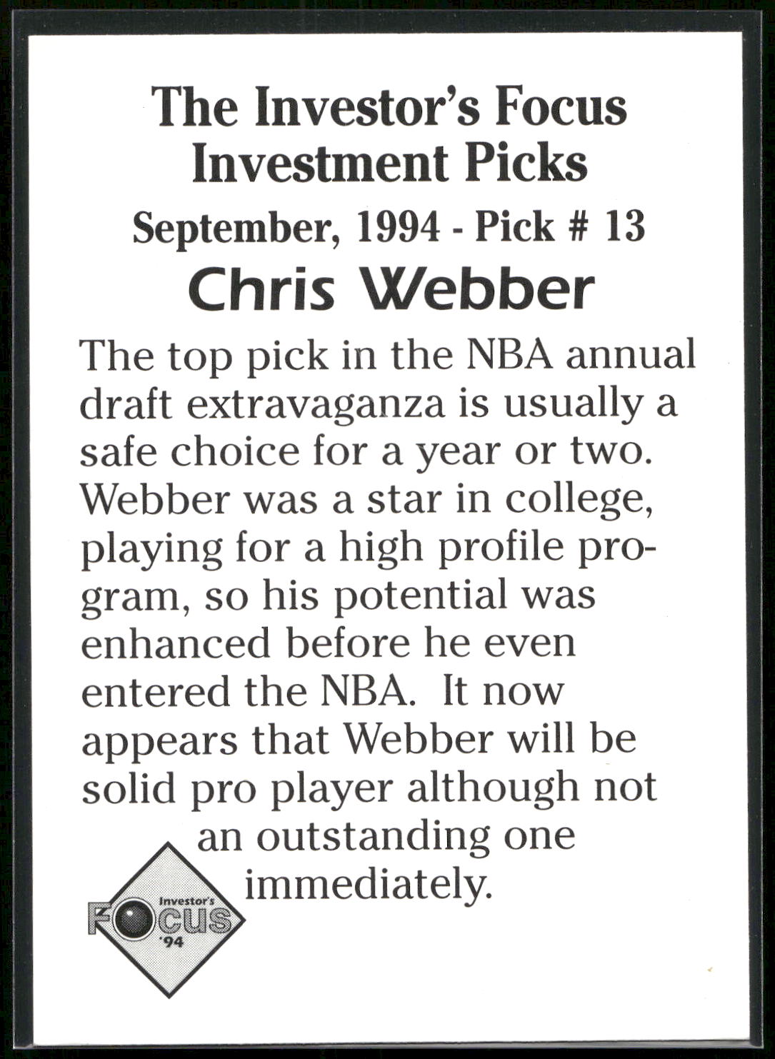 1994 Investor's Focus Investment Picks (unlicensed) #13 Chris Webber